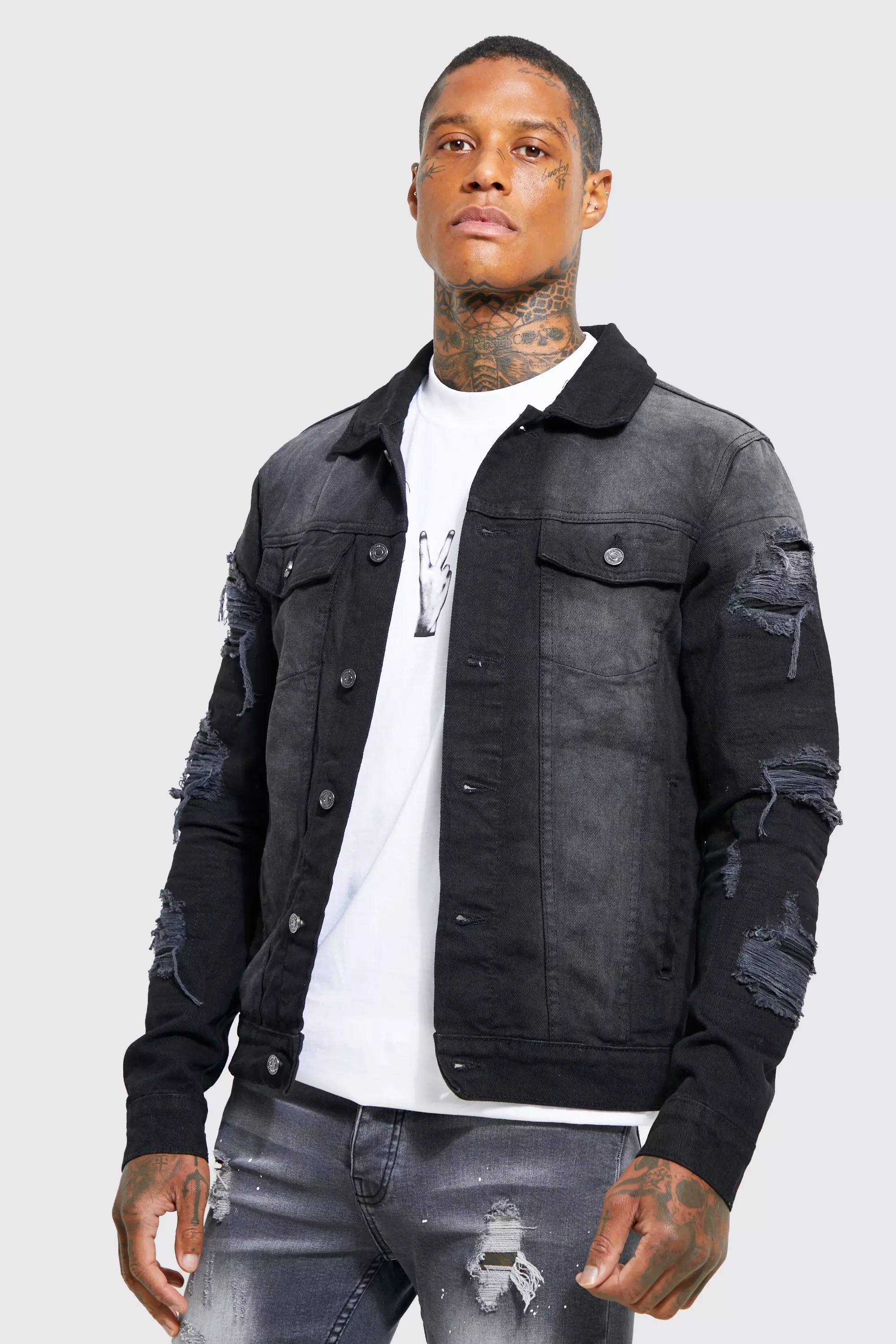 Long black outlet ripped denim jacket